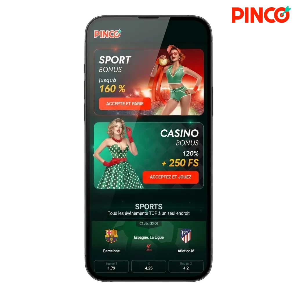 Pinco mobile app download page showing Android APK and iOS options with welcome bonuses for Canadian players