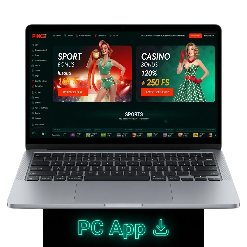 Pinco app interface on PC showing sports betting and casino games including roulette, slots, and live dealer options.