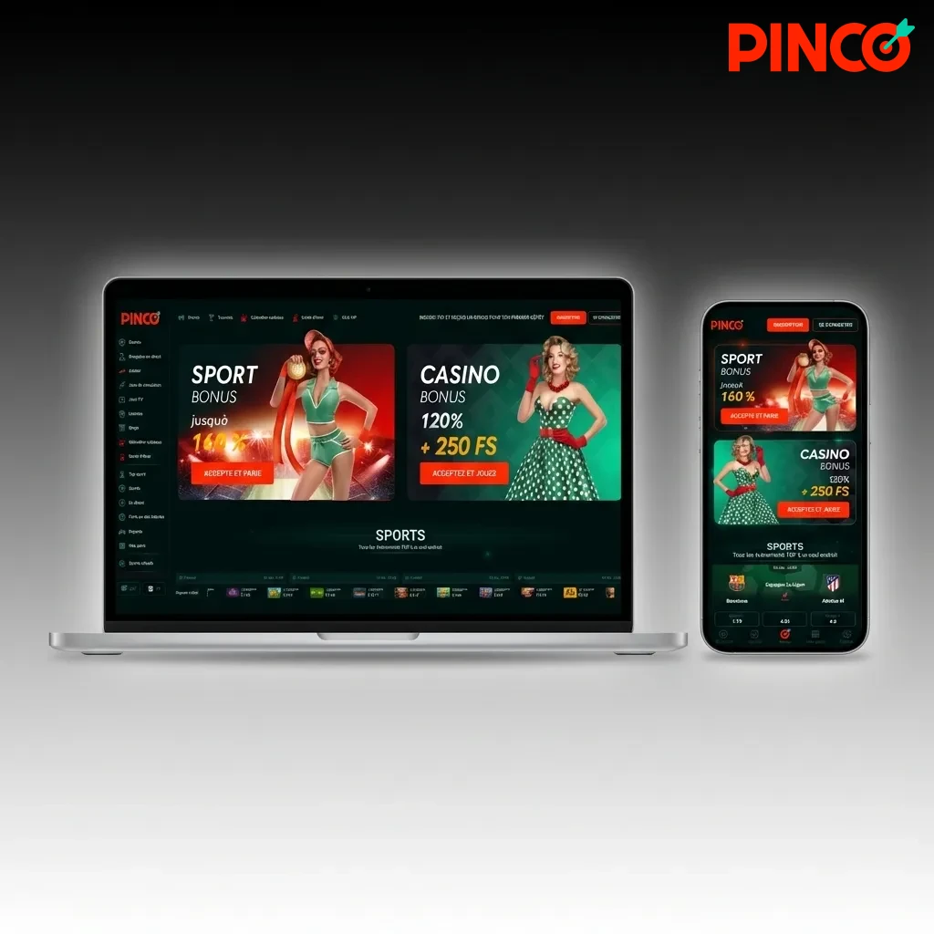 Interface de navigation Pinco avec menus Paris sportifs, Casino en direct, Machines à sous, Promotions et Compte