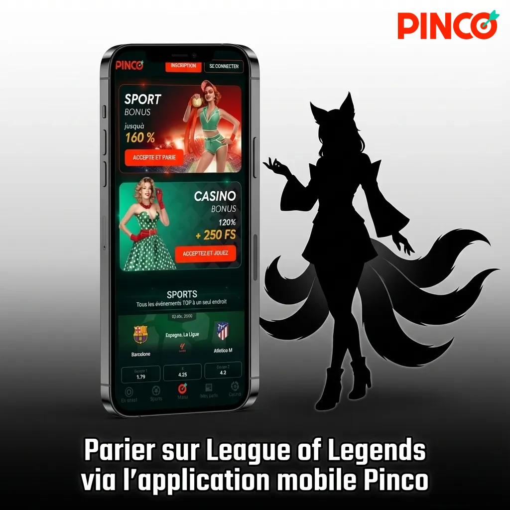 Mobile app interface showing League of Legends esports betting options on Pinco platform with live match viewing features