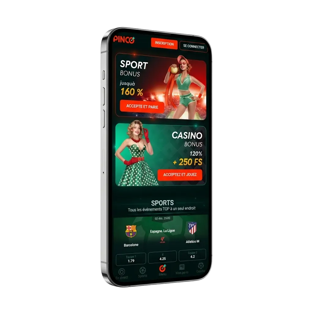 Pinco iOS app interface showing casino games and sports betting options on iPhone for Canadian players