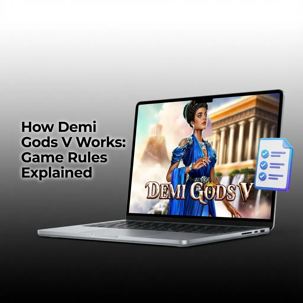 Demi Gods V slot game interface showing 5 reels, 3 rows, with mythological symbols and payline indicators