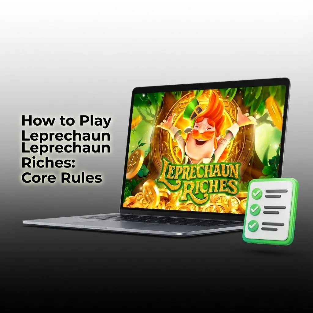 Five-reel slot machine with leprechaun theme showing paylines, wild symbols, and scatter icons on a colorful grid.