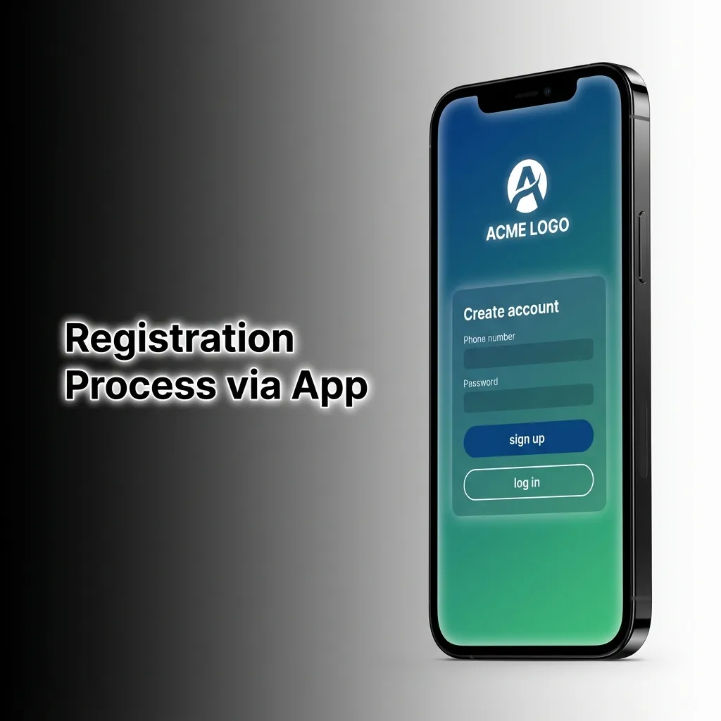 Mobile app registration screen showing sign-up button, email field, password creation, and account verification steps