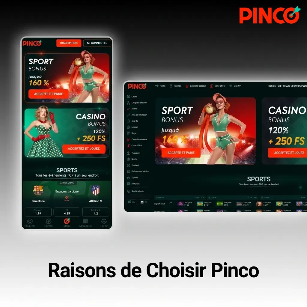 Pinco casino platform showcasing bonuses, game variety, fast withdrawals, 24/7 support, and mobile app for Canadian players