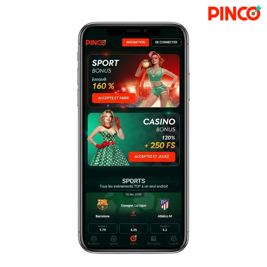 Pinco mobile app download screen showing Android APK and iOS options with casino games and sports betting features