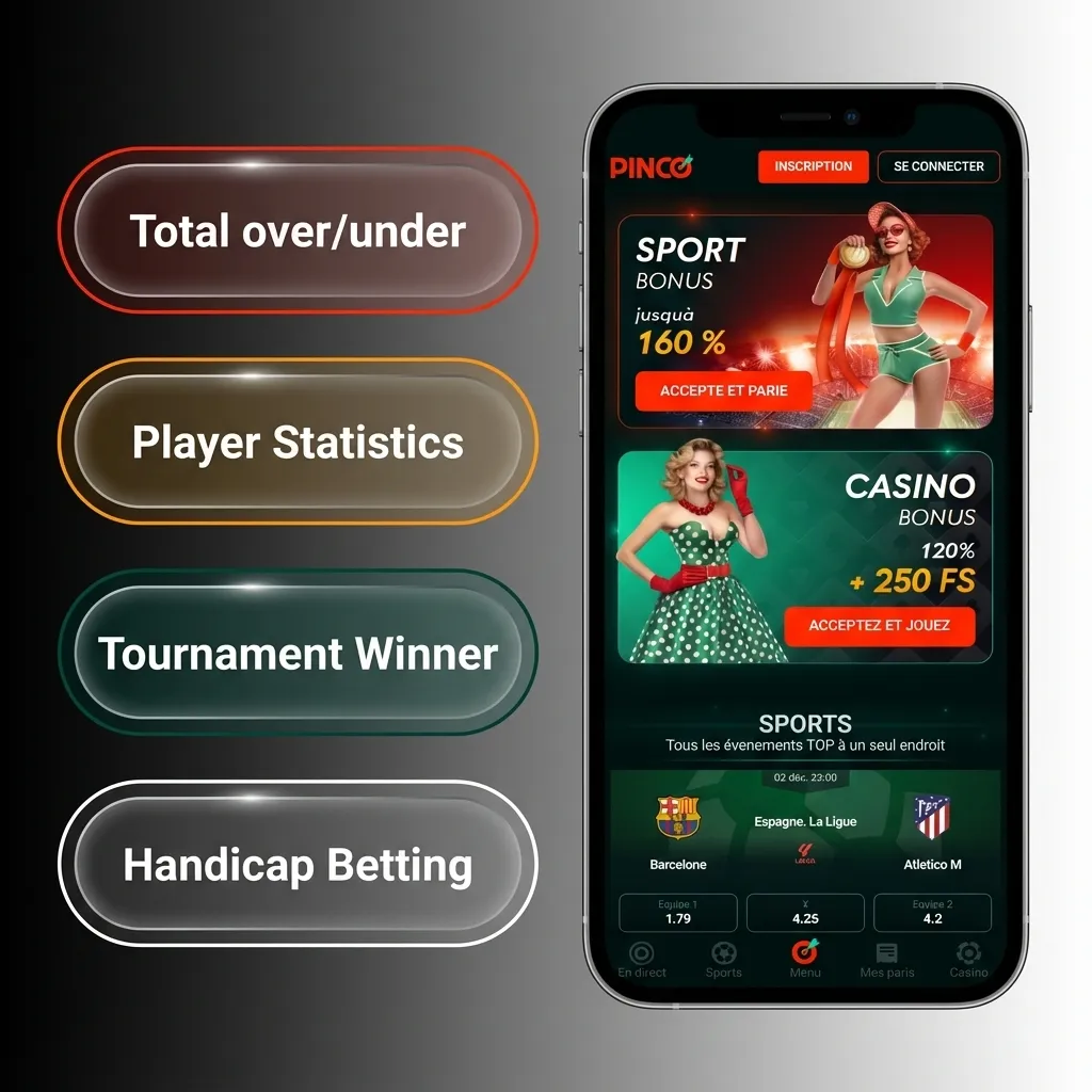 Pinco app betting types interface showing simple, combined, system, handicap, and over/under betting options