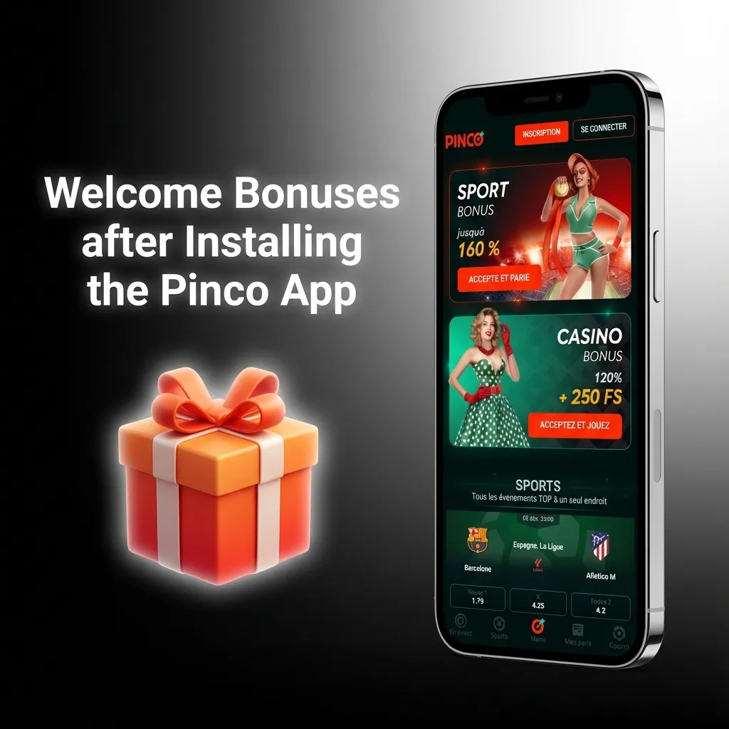 Pinco app welcome bonuses including casino match bonus, sports betting bonus, free spins, and promotional offers display